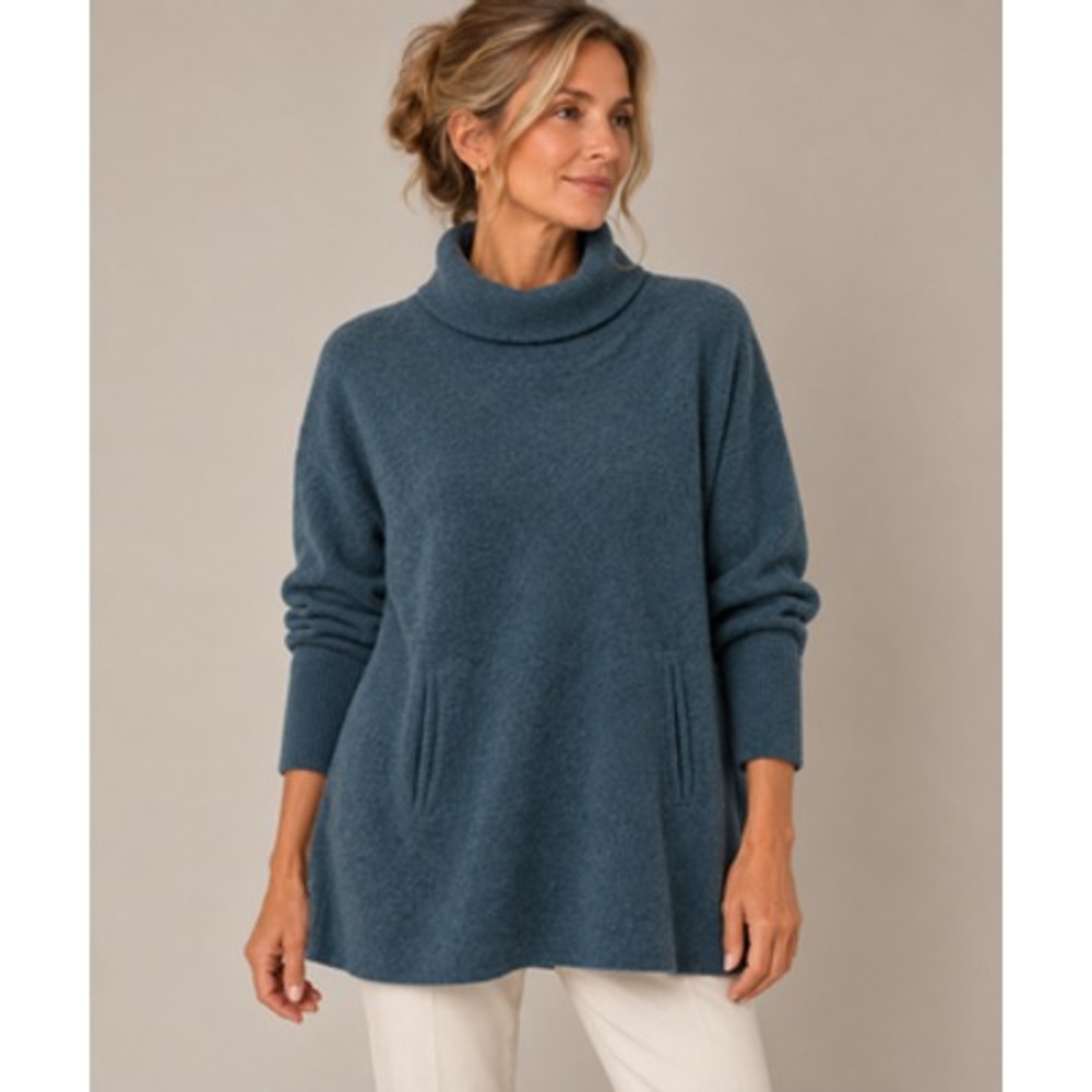 Garnet Hill Wool Cashmere Sweater Tunic Womens M Blue Turtleneck Pockets Cozy
